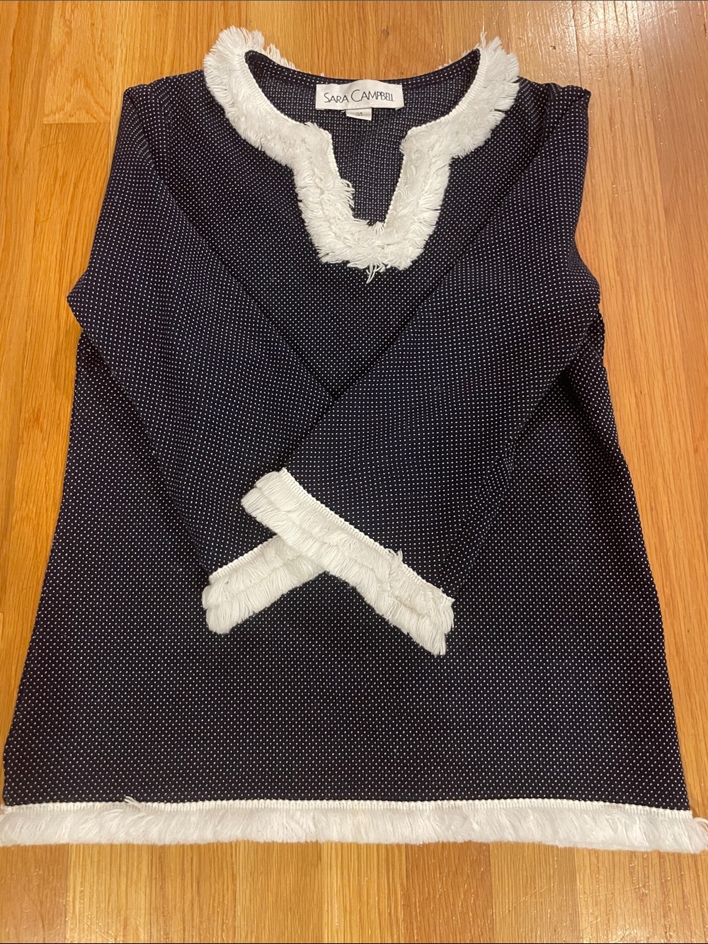 Sara Campbell Navy tunic with White Fringe Trim